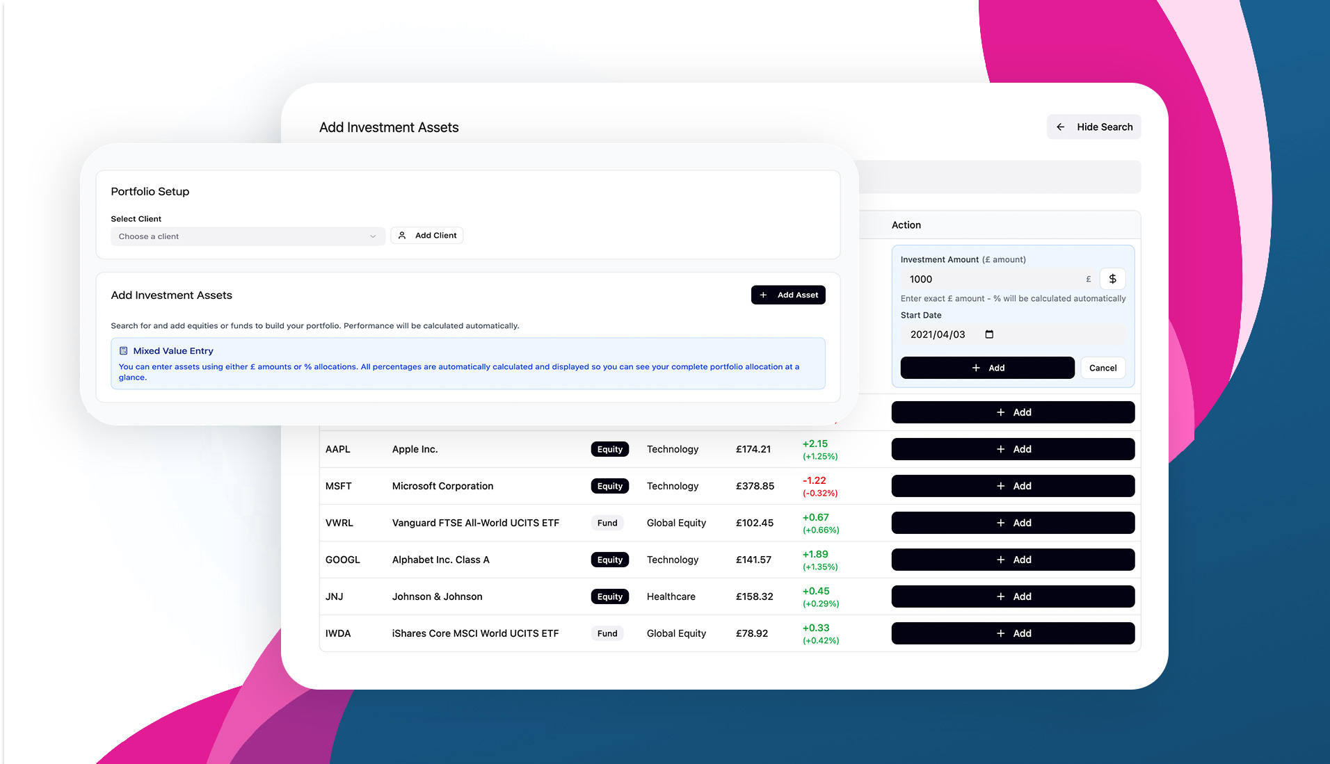 Investment assets analytics dashboard